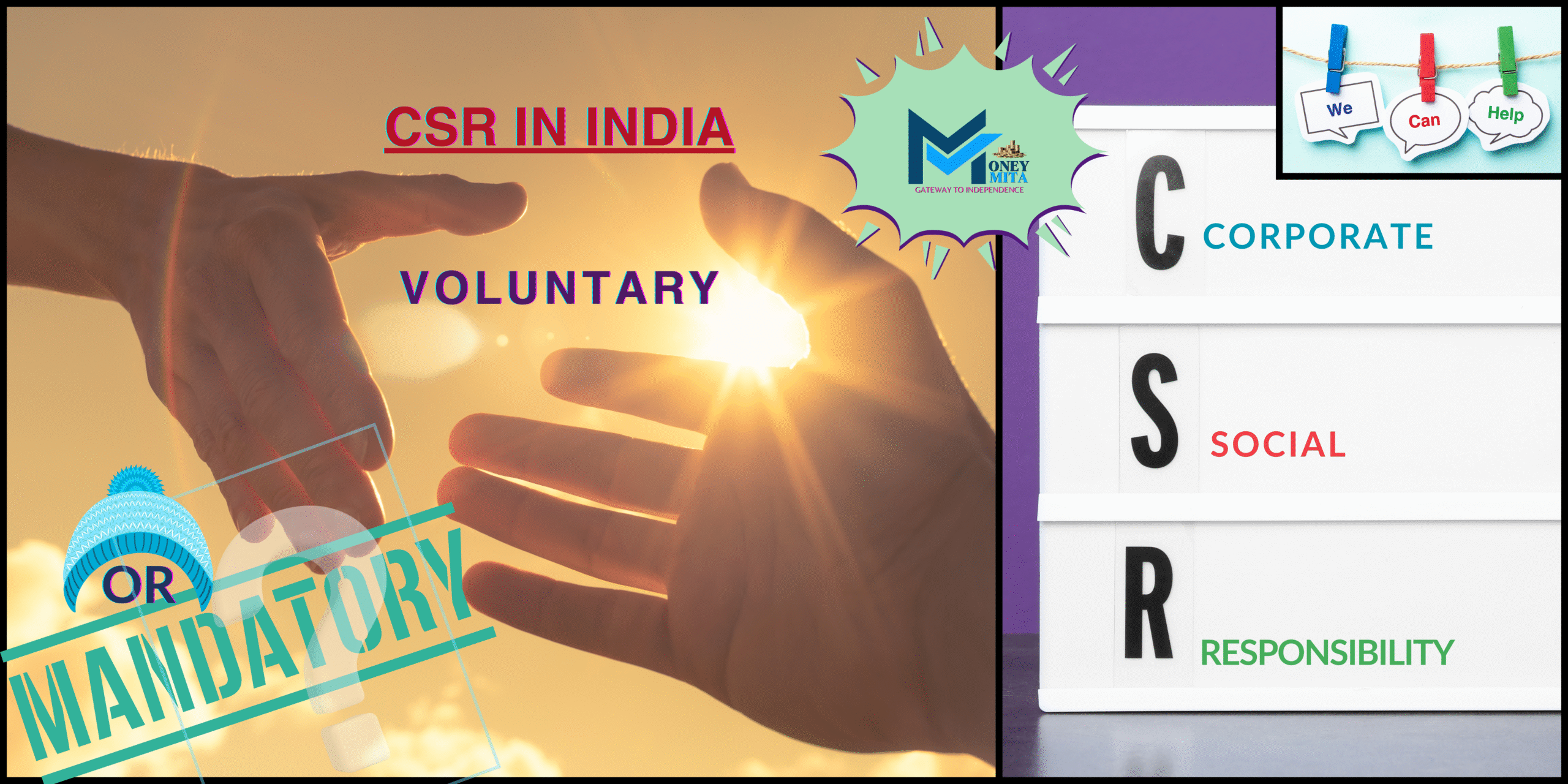 CSR in bold letters with full form, sunlit sky,2 helping hands for voluntary & mandatory written, 3 bands saying we can help.