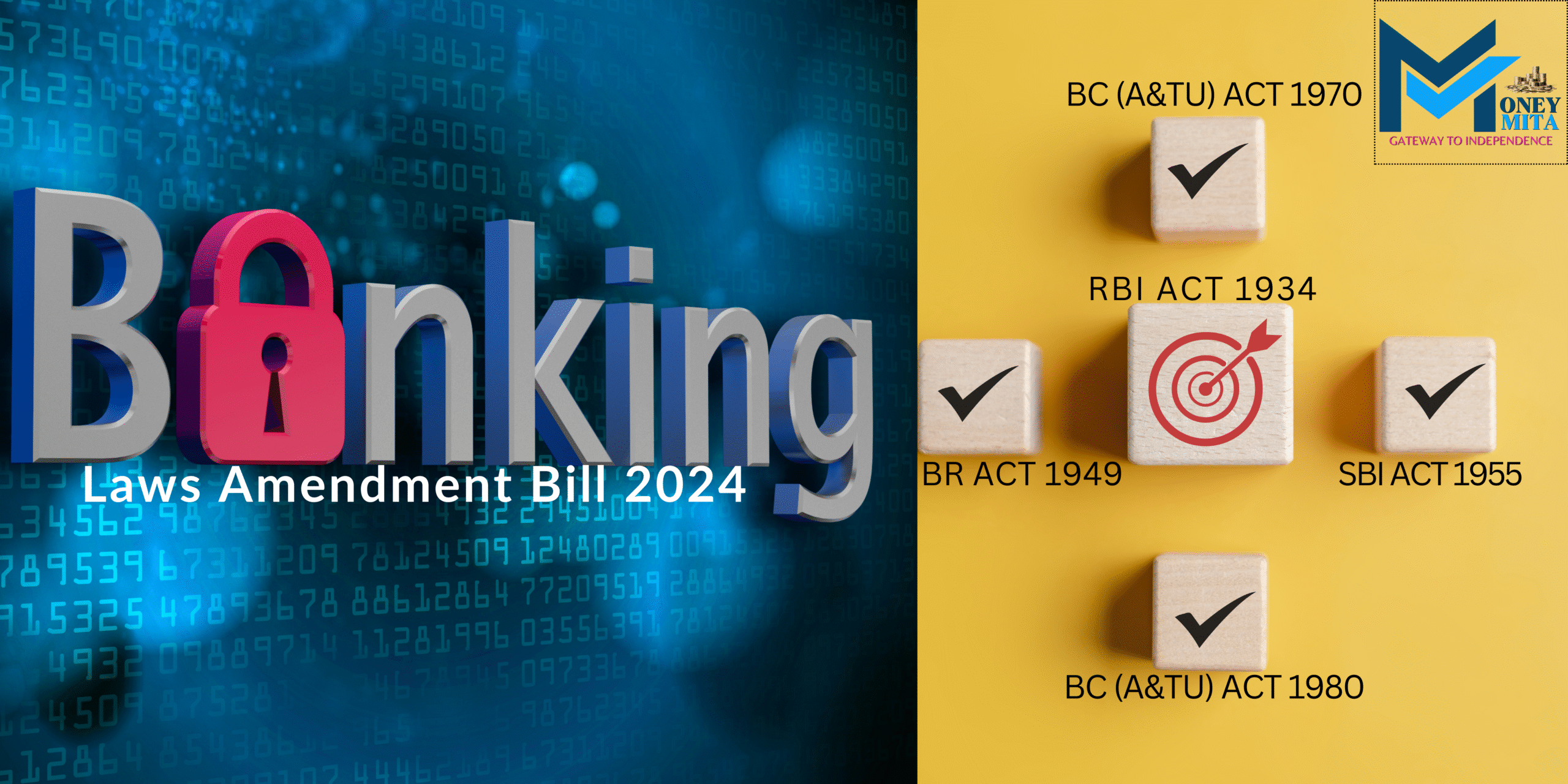 Banking Amendment Bill 2024 is shown as a letter "A" shaped lock over a cloud backdrop with 5 check marks on 5 amended acts.