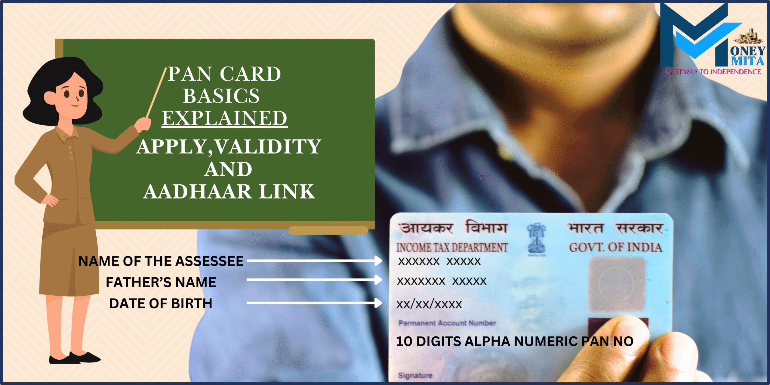A lady with a teaching stick at the blackboard shows PAN Card basics; a blurred man holds a demo PAN card with all details explained.