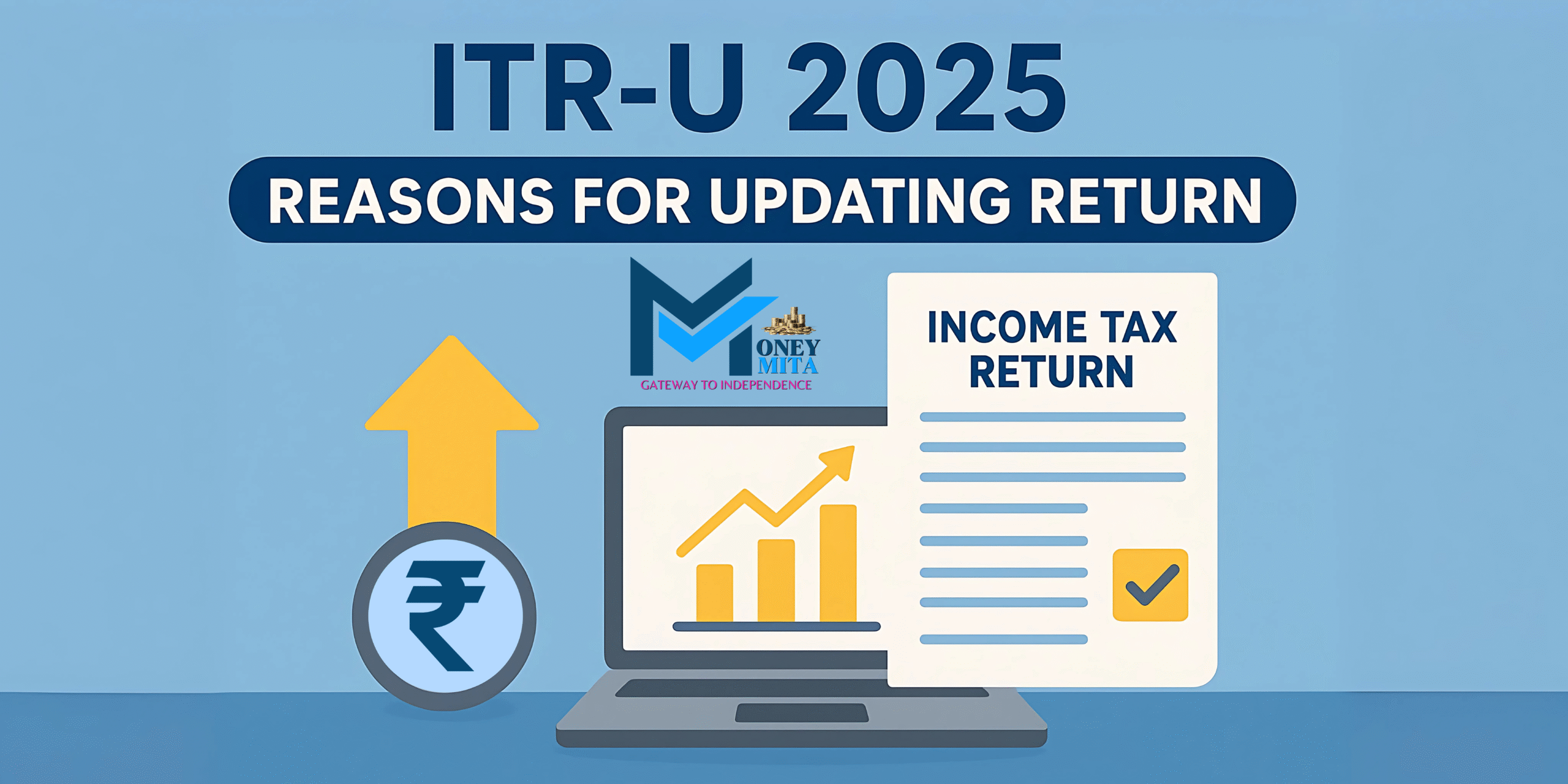 ITR-U 2025 infographic showing reasons for updating return with income tax return form, a growth chart inbuilt in a laptop, rupee symbol with upper arrow and Moneymita logo.