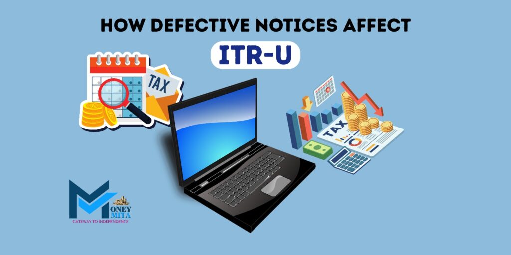 "How defective notices affect ITR-U showing laptop, tax documents, coins, and calendar with magnifying glass and moneymita logo with blue background."