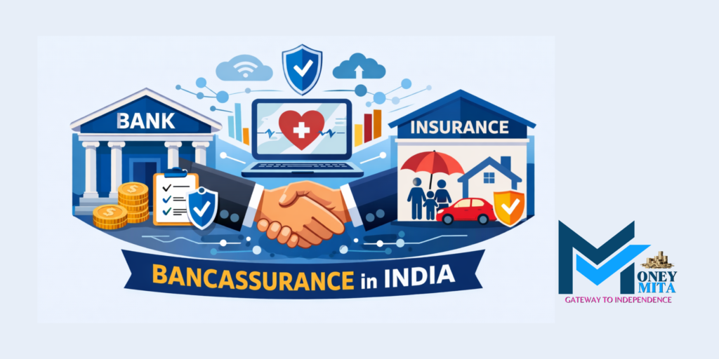Illustration of bancassurance in India showing a partnership between a bank and an insurance company with digital finance icons.