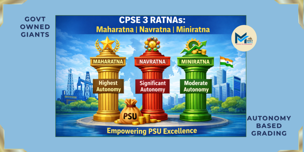 CPSE 3 Ratnas infographic showing Maharatna, Navratna and Miniratna autonomy-based classification of government-owned PSUs in India.