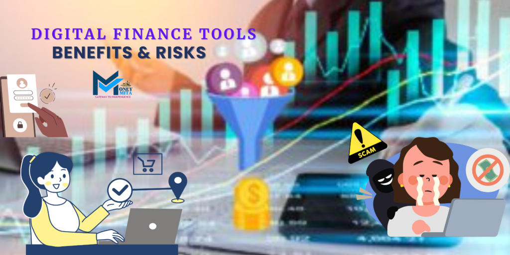 Illustration showing digital finance tools with charts, online payments, and a warning about scams, benefits and risks.