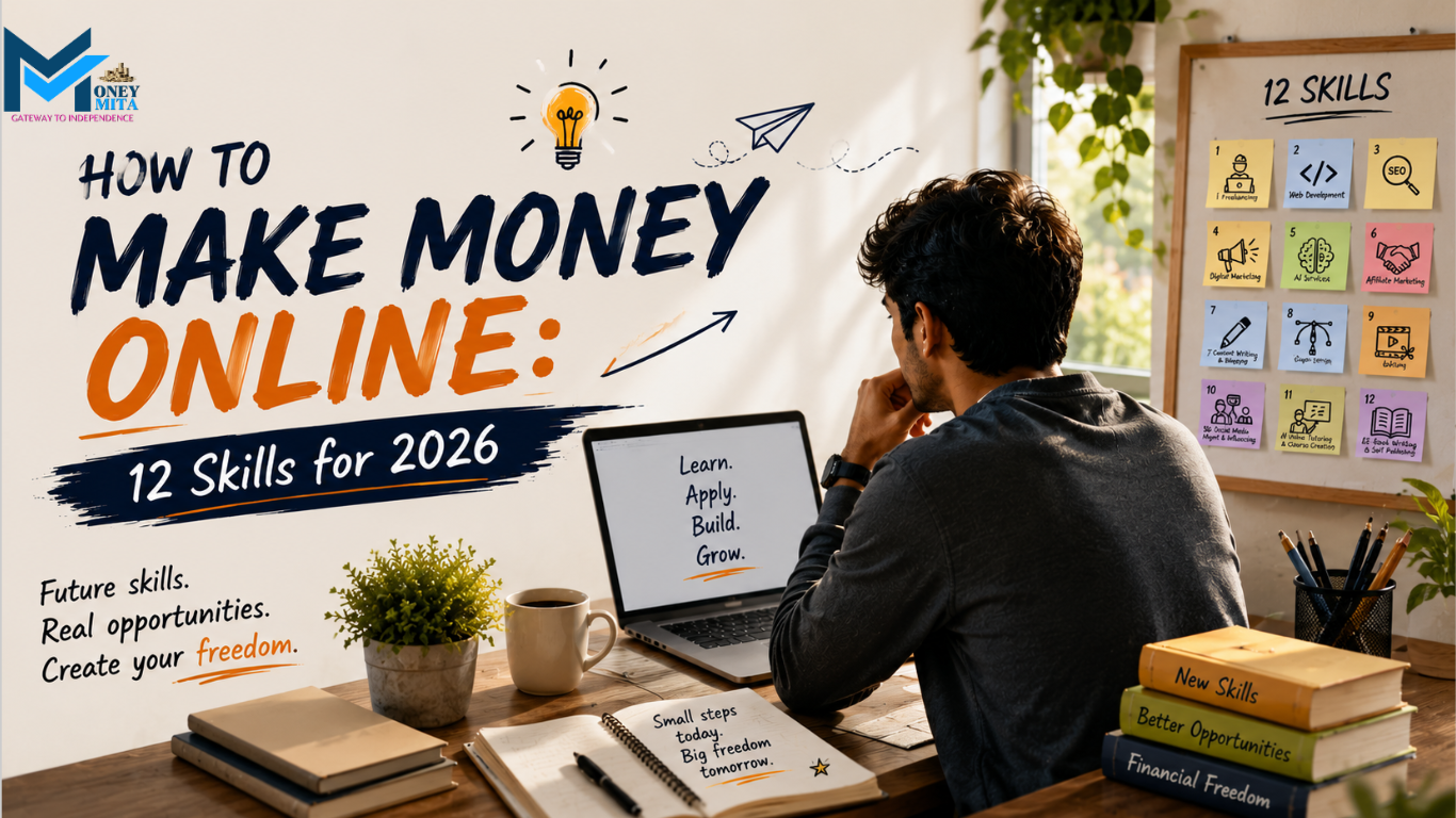 HOME 1 Person working on a laptop representing 12 online earning skills to make money online in 2026.