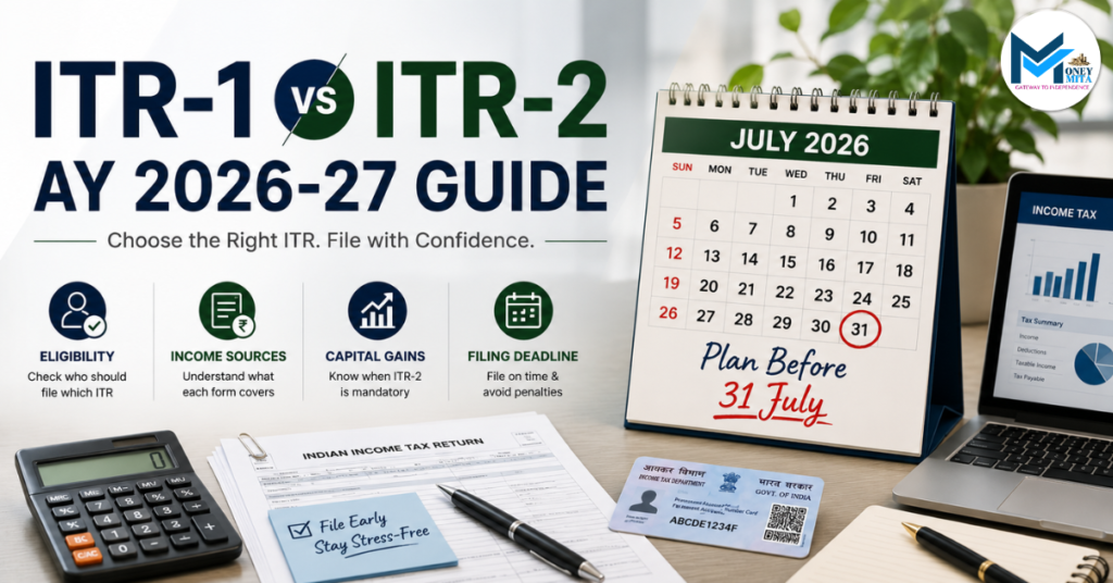 ITR-1 vs ITR-2 AY 2026-27 guide showing eligibility, income sources, capital gains and filing deadline