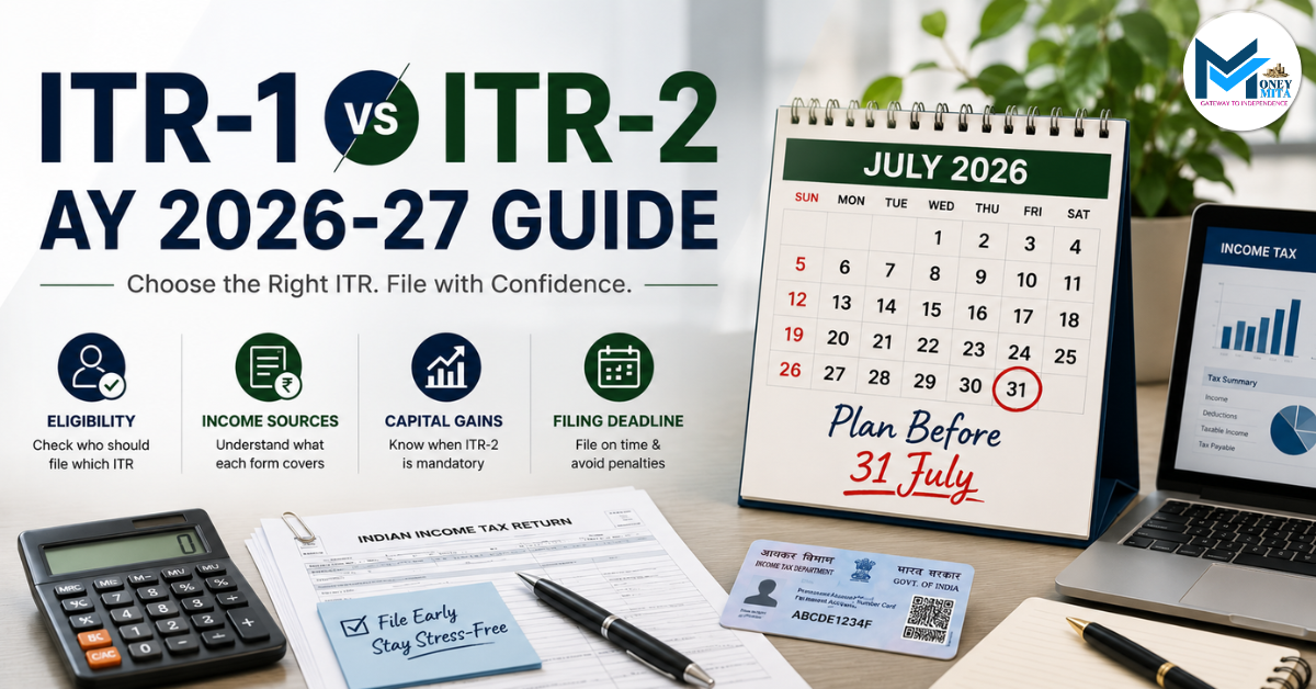 ITR-1 vs ITR-2 AY 2026-27 guide showing eligibility, income sources, capital gains and filing deadline