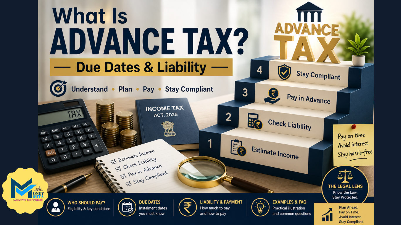 Featured image showing a staircase,calculator,tax documents,coins and the title "what is Advance Tax? Due Dates and Liability